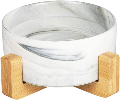 Ceramic Cat Dog Bowls Raised Food and Water Dish with Anti-Slip Wooden Stand Elevated round Pet Feeding Bowl Dishwasher Safe & Easy to Clean (Marble Pattern)