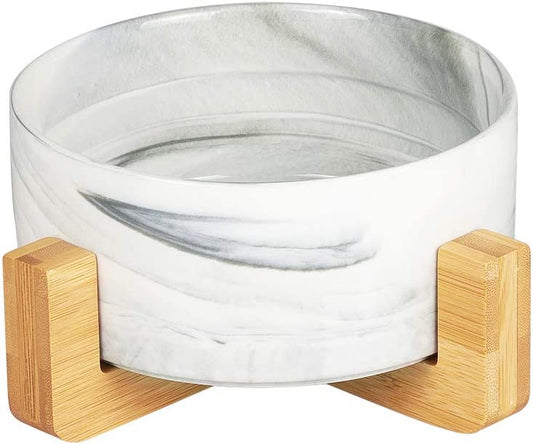 Ceramic Cat Dog Bowls Raised Food and Water Dish with Anti-Slip Wooden Stand Elevated round Pet Feeding Bowl Dishwasher Safe & Easy to Clean (Marble Pattern)