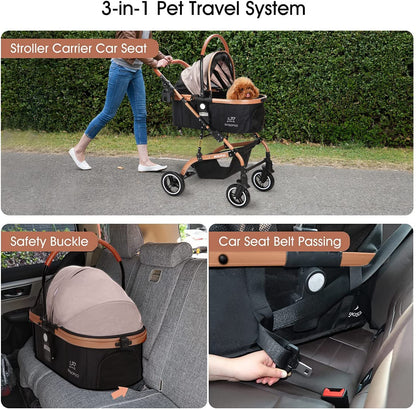 3-In-1 Pet Strollers for Small Medium Dogs Cat with Detachable Carrier Foldable Travel Pet Gear Stroller (Khaki)