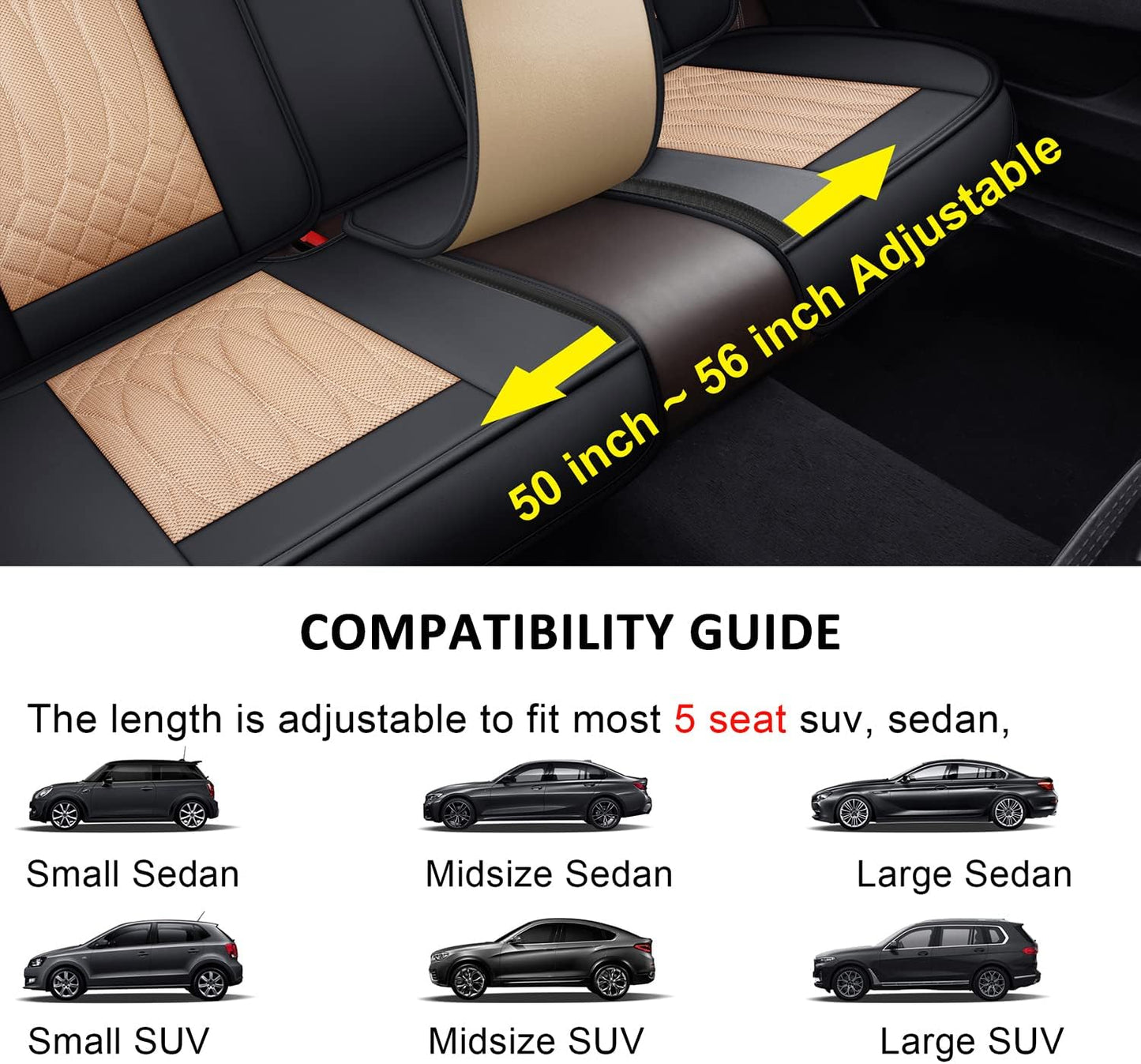 Leather Automotive Seats Cushion Set for Protectors, Front and Rear Split Bench Car Seat Covers, Easy to Install, Waterproof, Fit Universal Vehicle Cars&Suv(Full Set, Beige)
