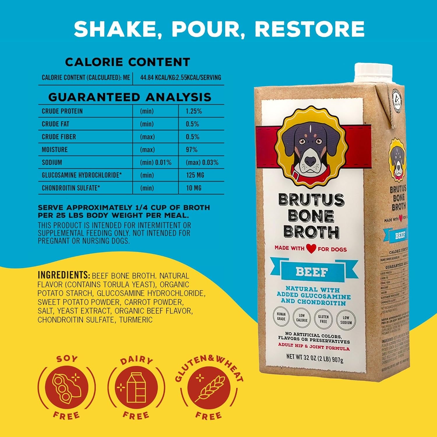 Brutus Beef Bone Broth for Dogs and Cats - All Natural Bone Broth with Chondroitin Glucosamine & Turmeric, Human Grade Dog Sauce Food Toppers for Picky Eaters & Dry Food -Tasty & Nutritious- Pack of 2