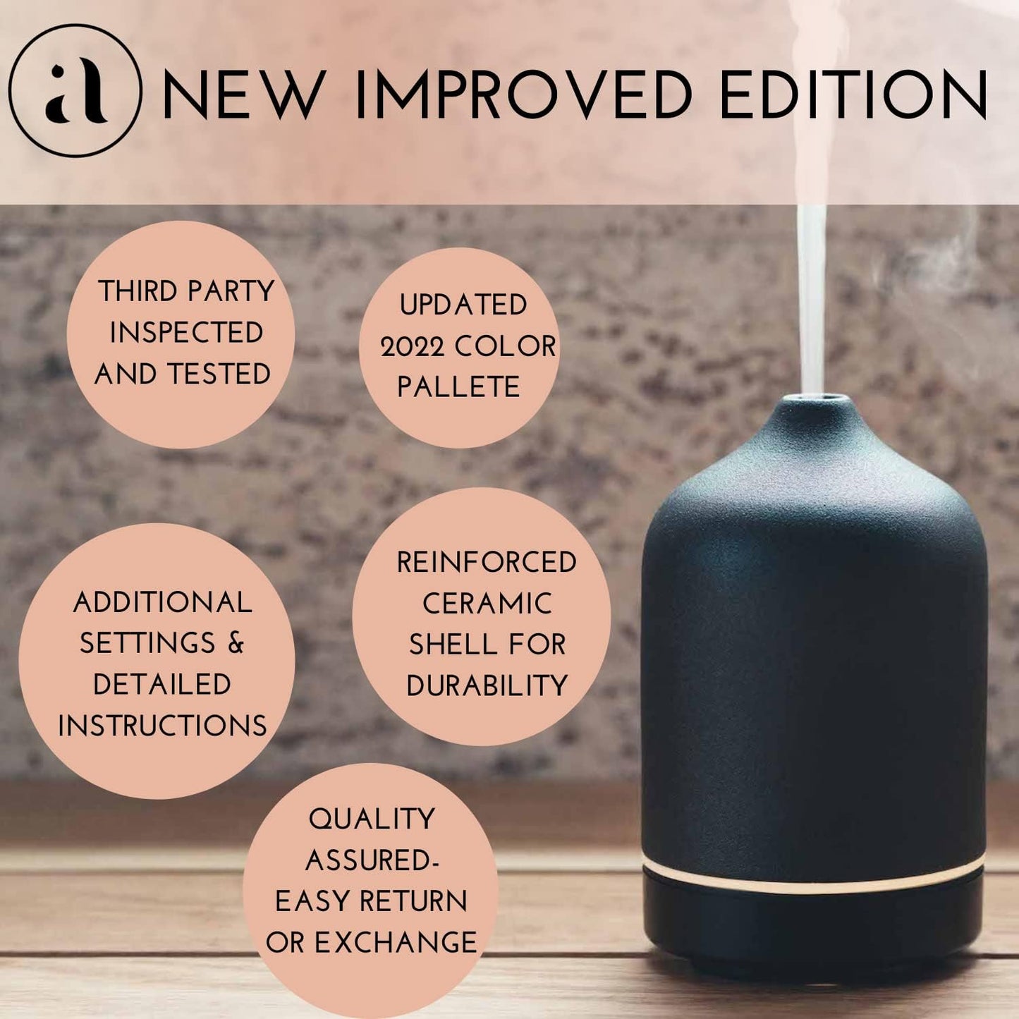 Ceramic Diffusers for Essential Oils - Elegant Stone Aromatherapy Diffuser for Home and Office - 3 in One Diffuse, Humidify and Ionize - Easy to Use - Carbon