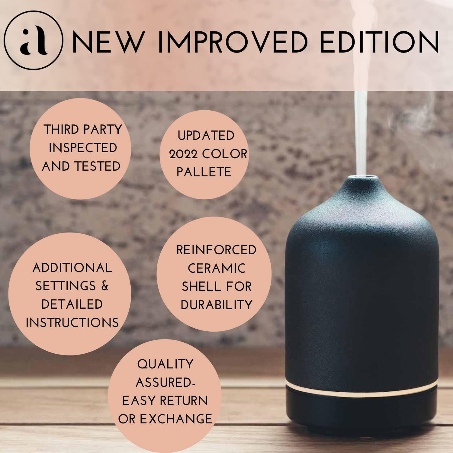 Ceramic Diffusers for Essential Oils - Elegant Stone Aromatherapy Diffuser for Home and Office - 3 in One Diffuse, Humidify and Ionize - Easy to Use - Carbon