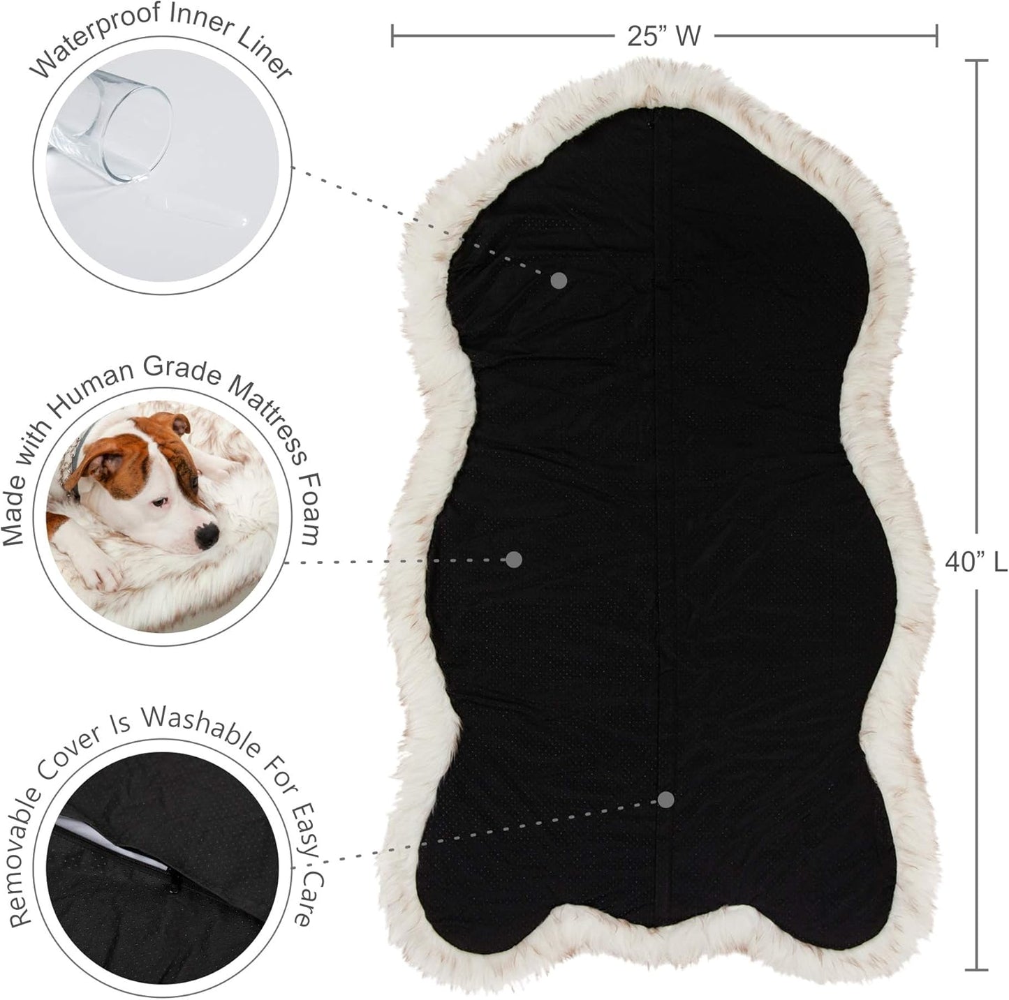 Luxury Faux Fur Orthopedic Dog Bed, Memory Foam Dog Bed​ For​ Small, Medium, Large and XL Pets, Fluffy Pet Rug with Waterproof ​And ​Washable Cover, White, Medium 40X25”