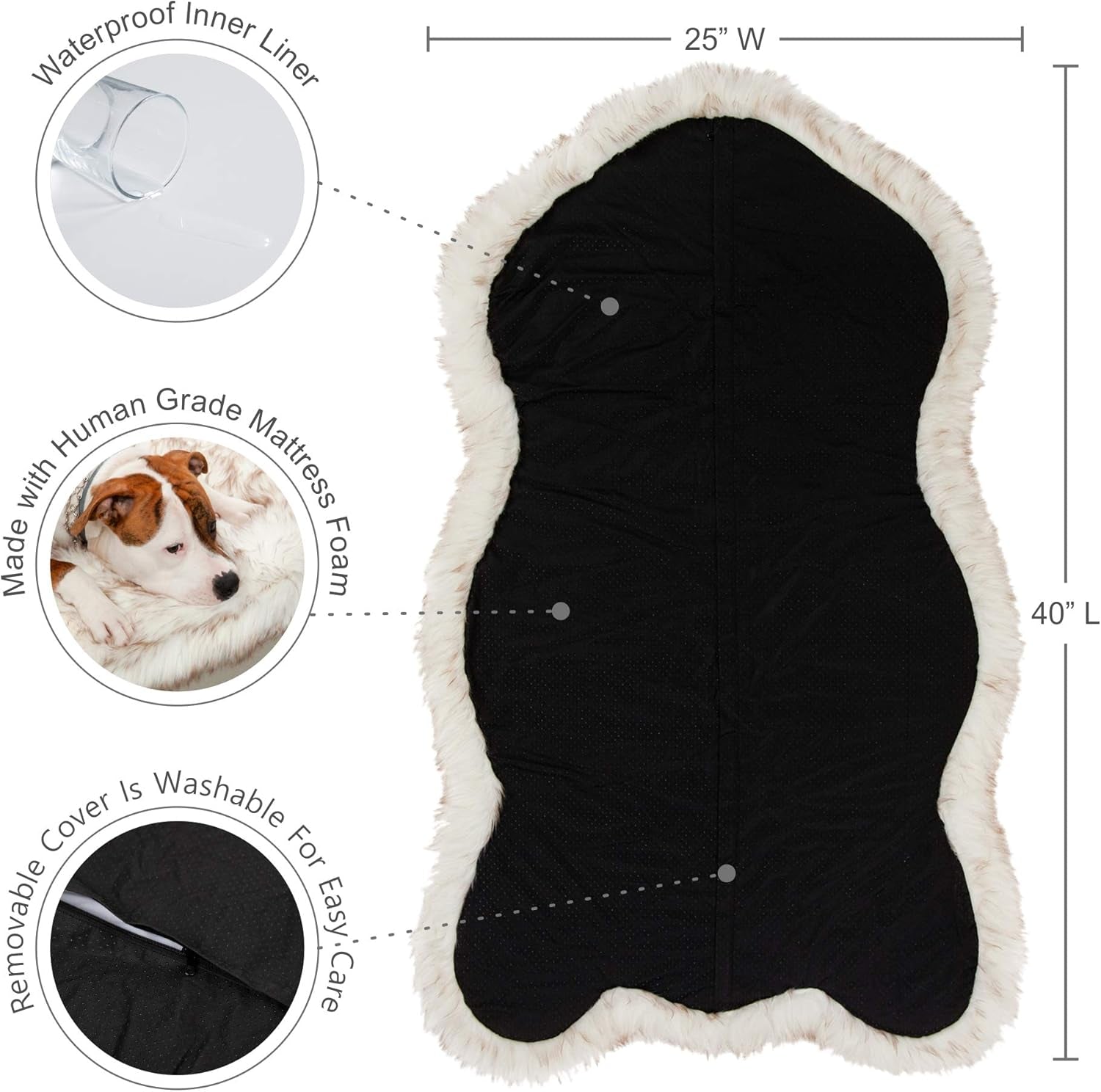 Luxury Faux Fur Orthopedic Dog Bed, Memory Foam Dog Bed​ For​ Small, Medium, Large and XL Pets, Fluffy Pet Rug with Waterproof ​And ​Washable Cover, White, Medium 40X25”